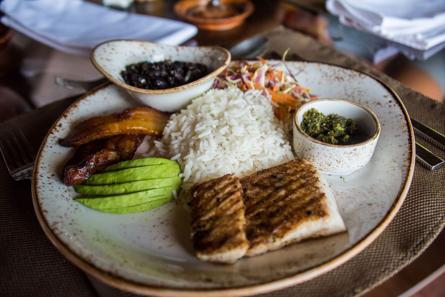 A full plate of casado, a popular Caribbean dish.