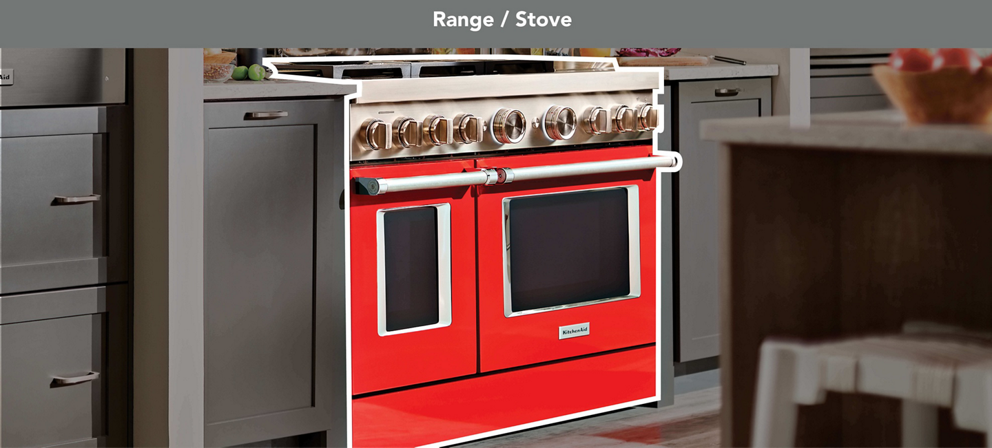 Red commercial-style range in a kitchen