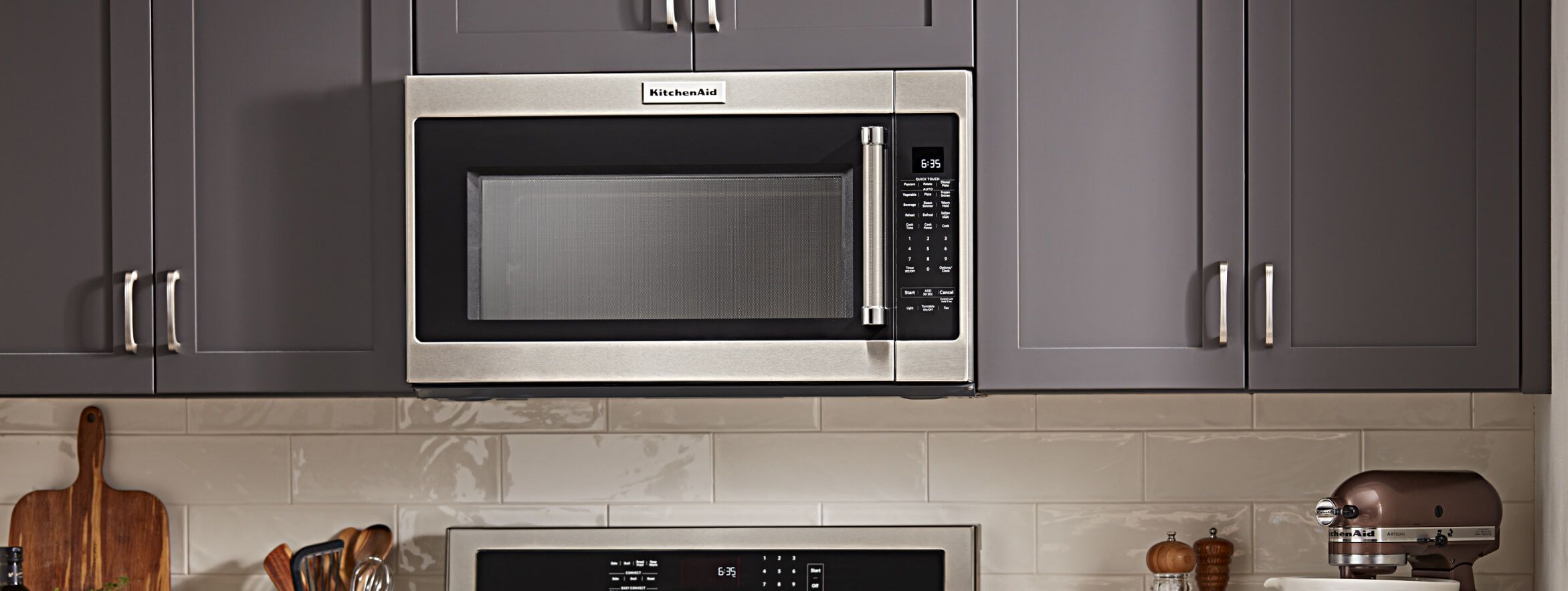 Over-the-range microwave in grey cabinets