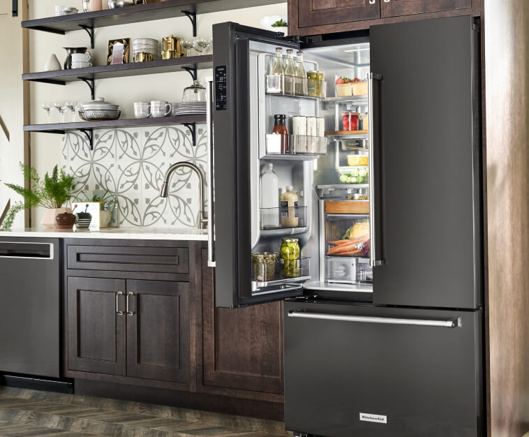 An open and organized KitchenAid® French Door Refrigerator