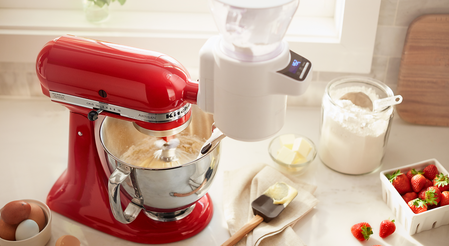 Red KitchenAid® stand mixer with Sifting Attachment