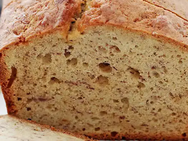 Up close image of a sliced banana bread loaf
