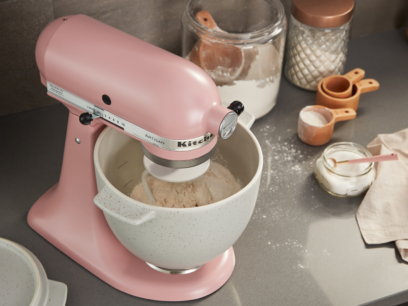 Pink KitchenAid® stand mixer with ice cream ingredients