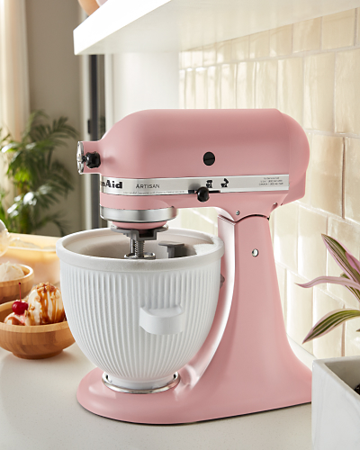 A pink KitchenAid® stand mixer and ice cream dishes.