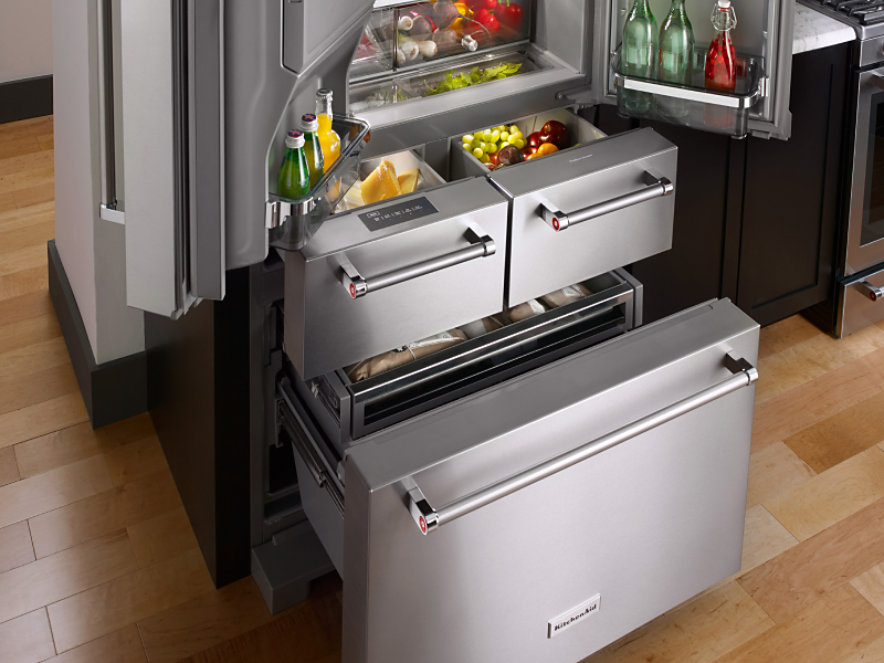 Open refrigerator and freezer drawer