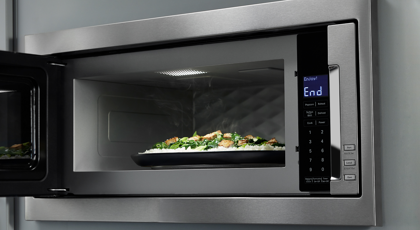Dish inside a built-in microwave Dish inside a built-in microwave