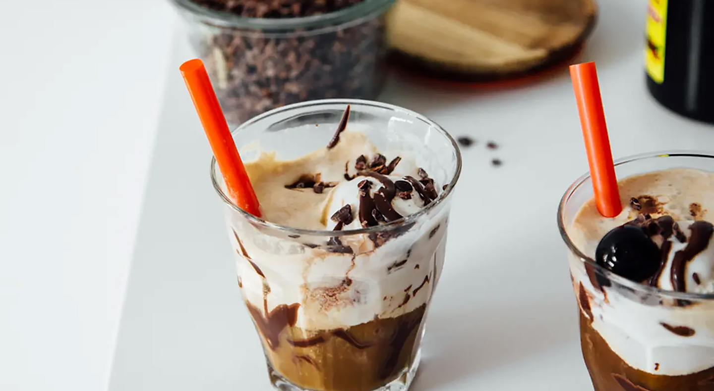 Homemade frappe topped with chocolate sauce