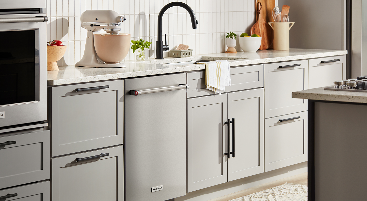 Gray cabinets with hidden control dishwasher