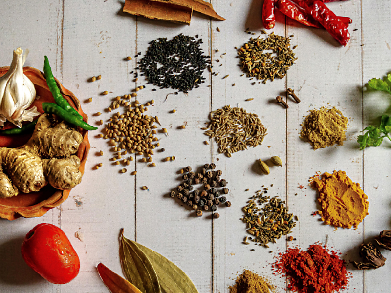 Seasonings and spices on a table