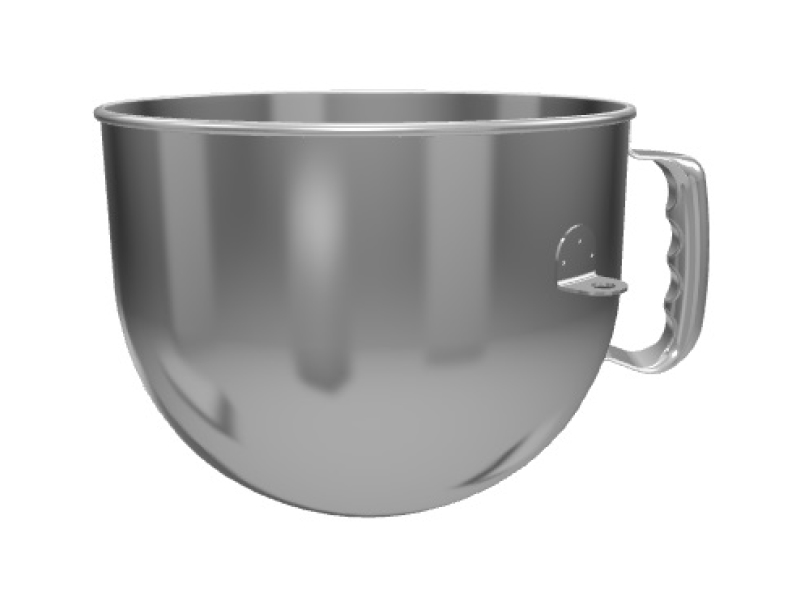 A stainless steel mixer bowl.