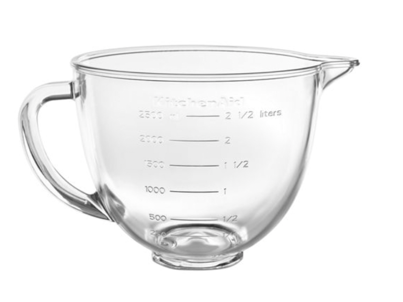 A glass mixer bowl.