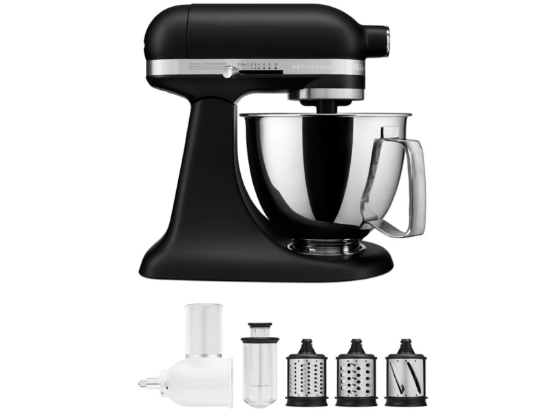 A black KitchenAid® stand mixer.