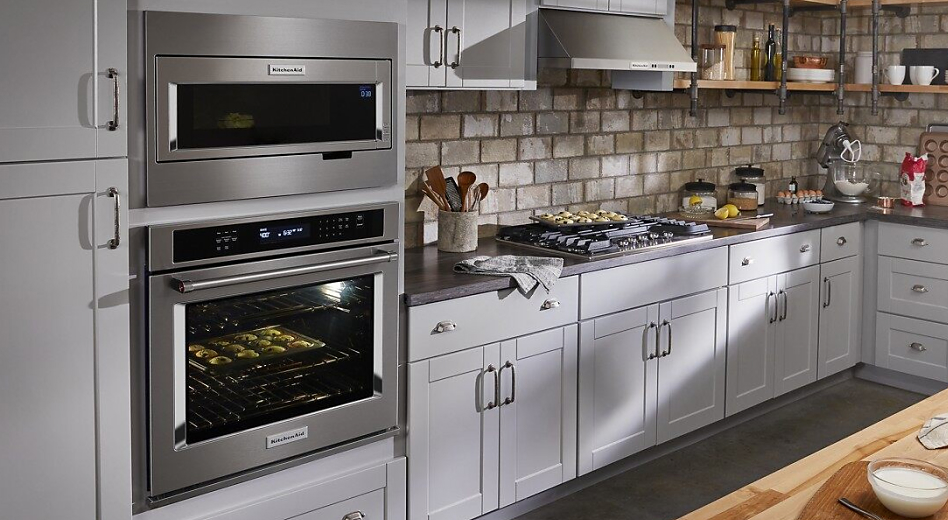 KitchenAid® combination oven with the oven light on