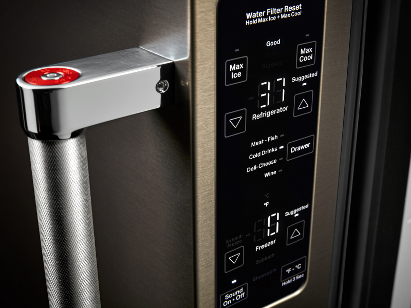 A closeup of the control panel of a KitchenAid® refrigerator.