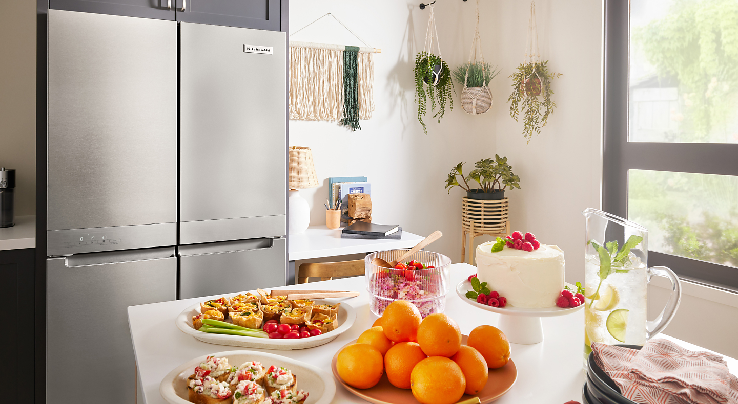 A KitchenAid® refrigerator in a modern kitchen.