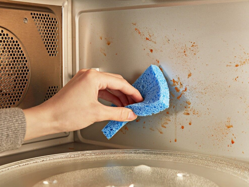 Person wiping splattered food off a microwave with a sponge