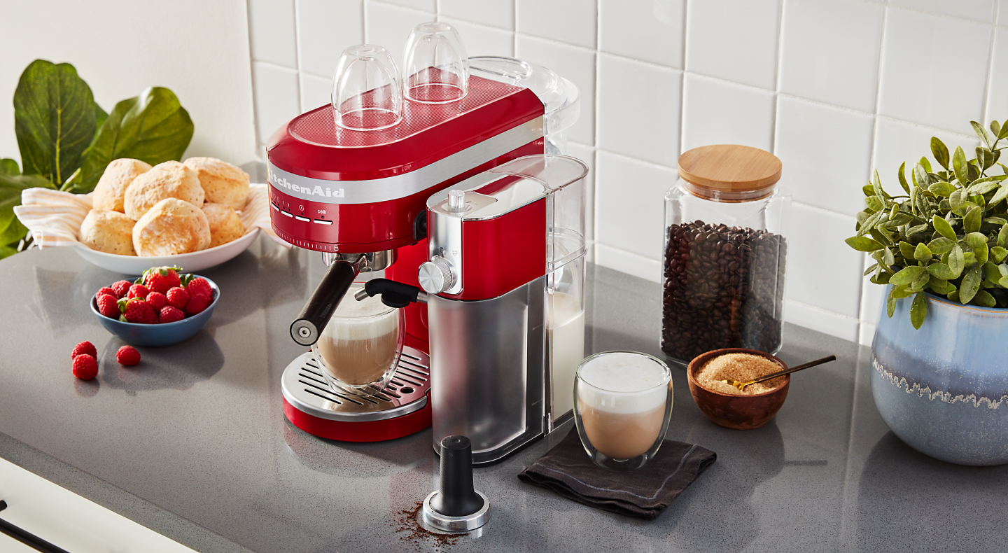 KitchenAid® Semi-Automatic Espresso Machine with homemade lattes on countertop