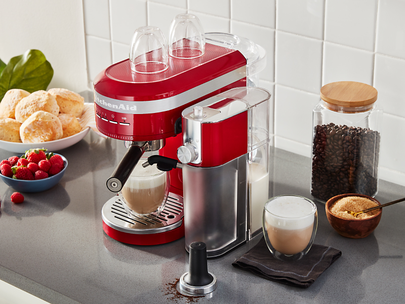 KitchenAid® Semi-Automatic Espresso Machine with homemade lattes on countertop