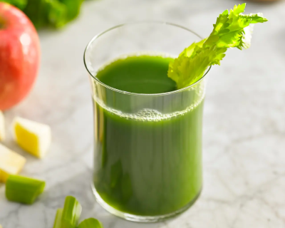 Glass of green juice from Yummly recipe with stalk of celery