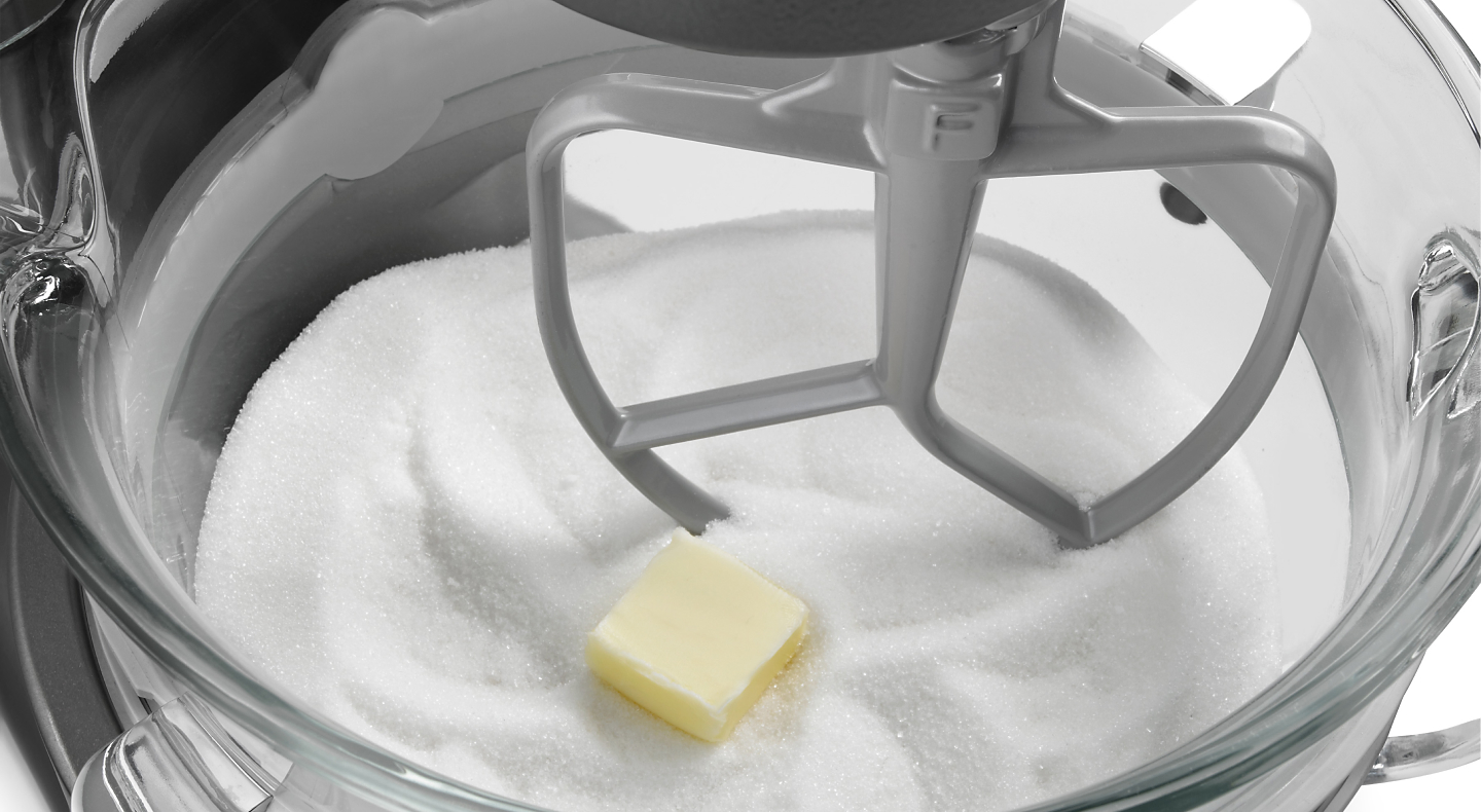 Butter and sugar in the bowl of a stand mixer with a flat beater