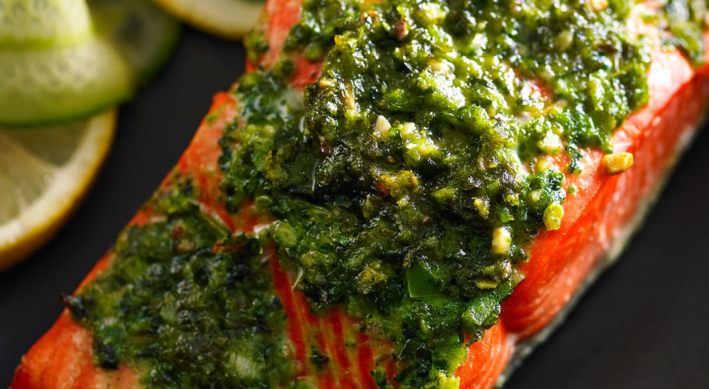 Roasted salmon topped with homemade pesto