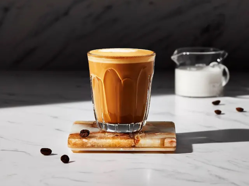 Coffee beverage on a marble countertop