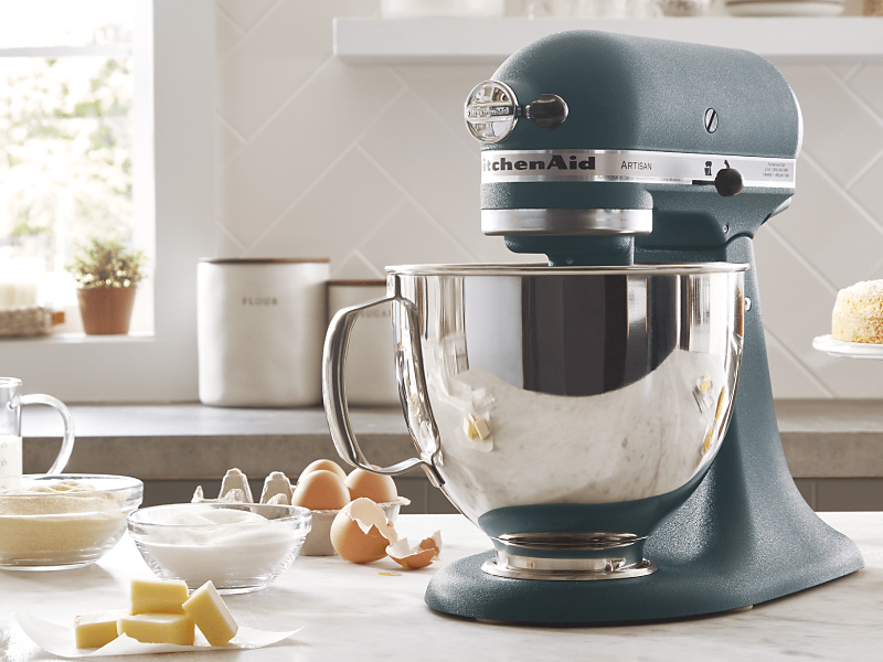KitchenAid® stand mixer on counter with pancake ingredients