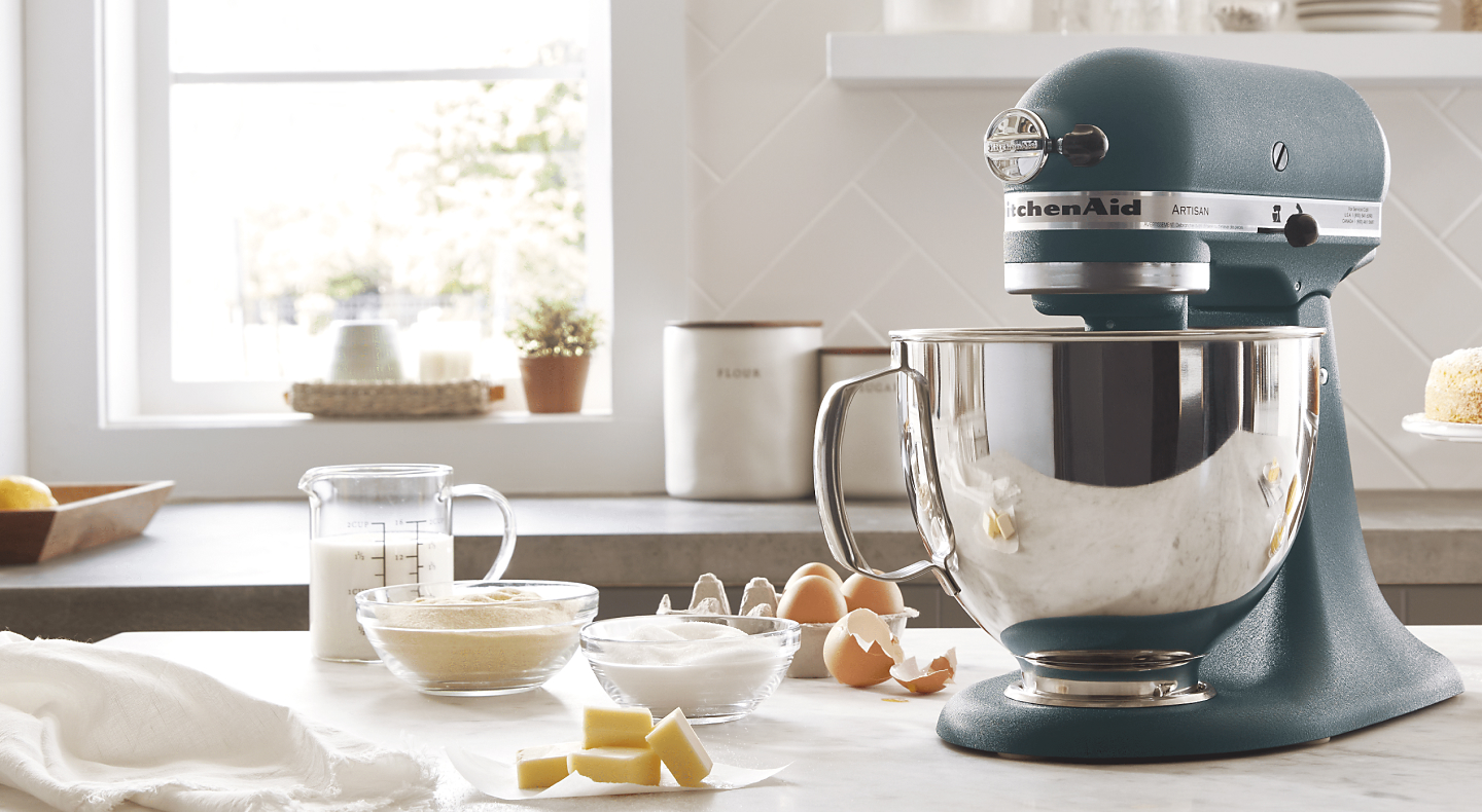 KitchenAid® stand mixer on counter with pancake ingredients