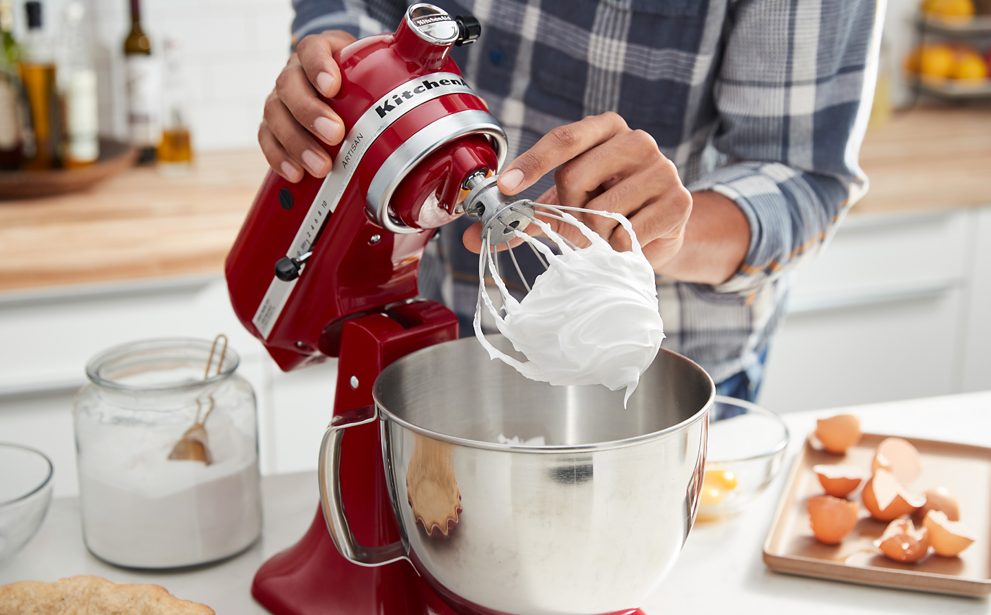 KitchenAid® stand mixer with meringue on wire whip