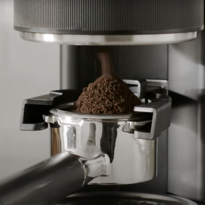 Ground beans inside an espresso maker