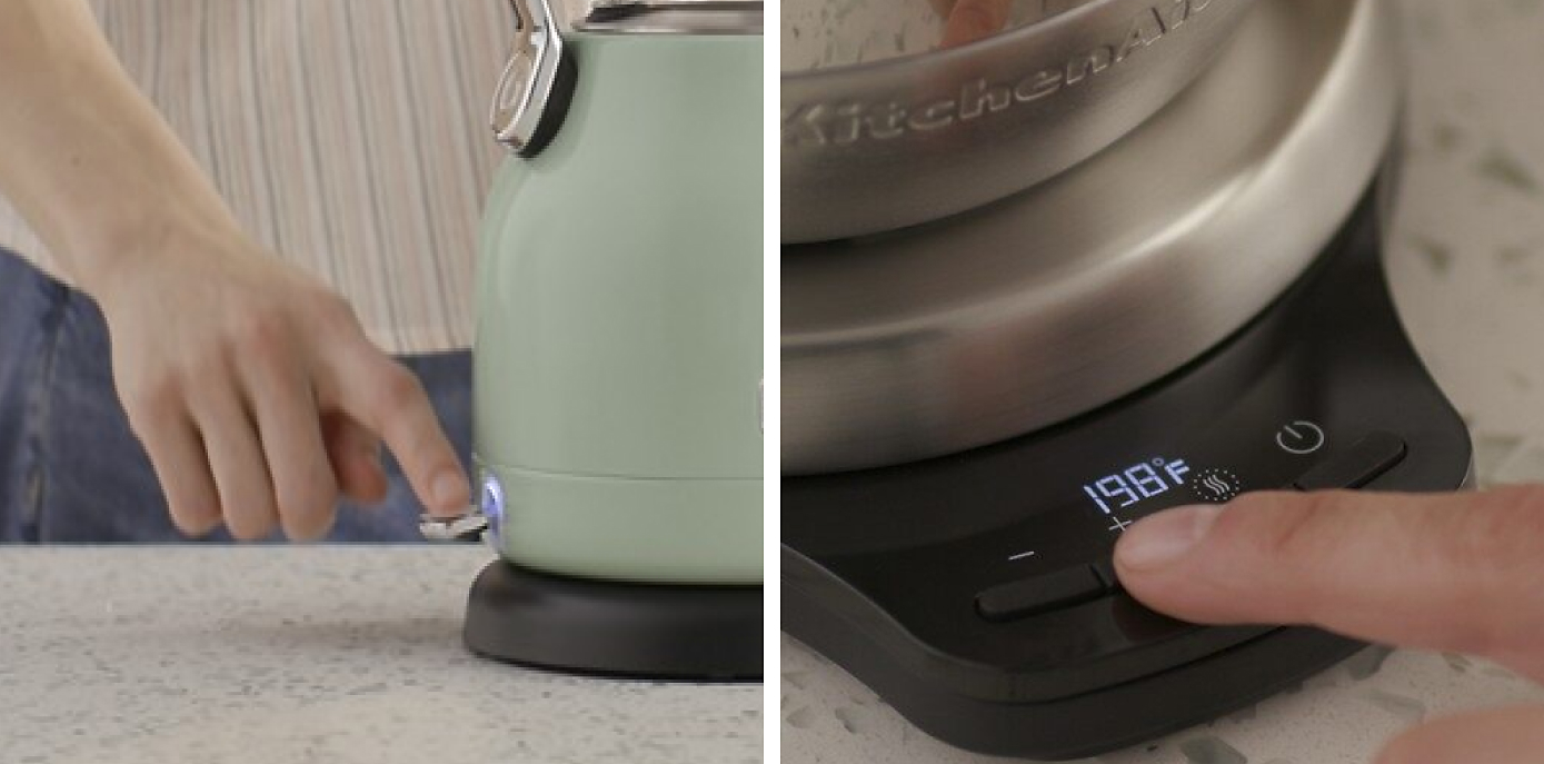 Close up of person turning on different types of electric kettles.