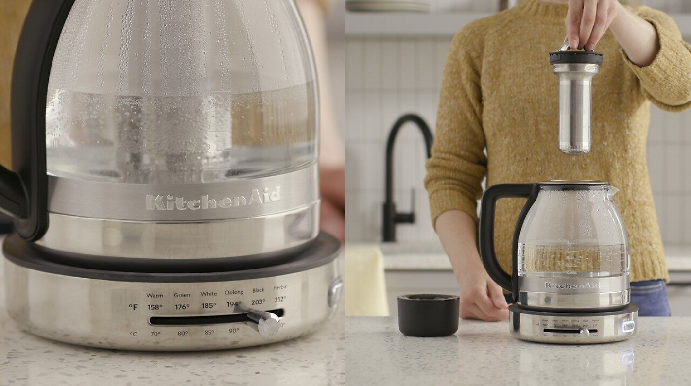 Woman placing a diffuser into a kettle