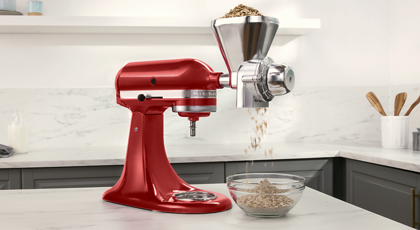 KitchenAid® stand mixer with the all-metal grain mill attachment.