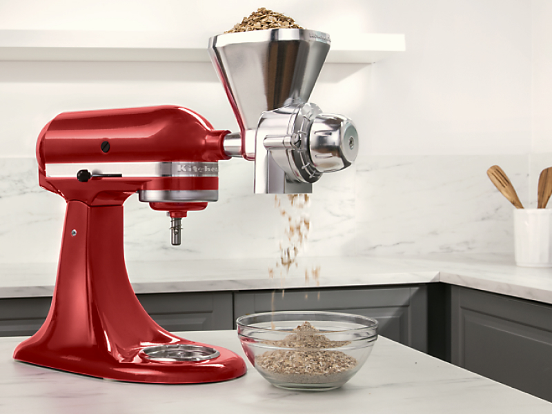 KitchenAid® stand mixer with the all-metal grain mill attachment.