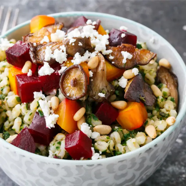 Grain-based bowl with beets and mushrooms.