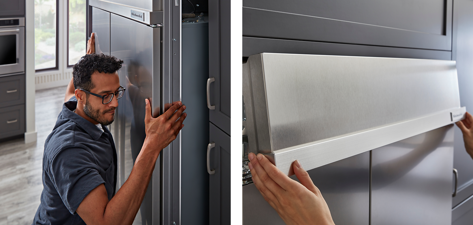 A man installing a KitchenAid® refrigerator.