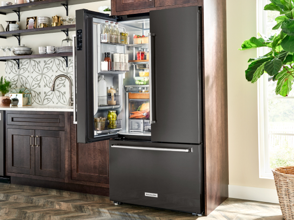 Black stainless, KitchenAid® French-door refrigerator with one open door