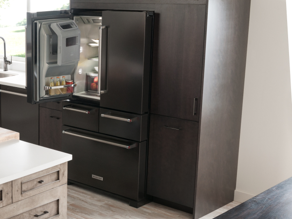 Built-in, KitchenAid® multi-door refrigerator with one door open