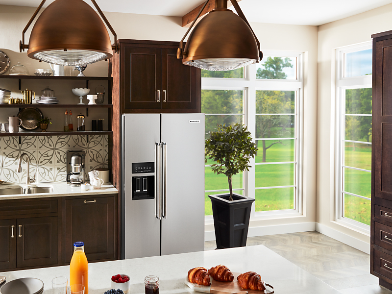 Stainless steel, KitchenAid® side-by-side refrigerator with in-door ice dispenser 
