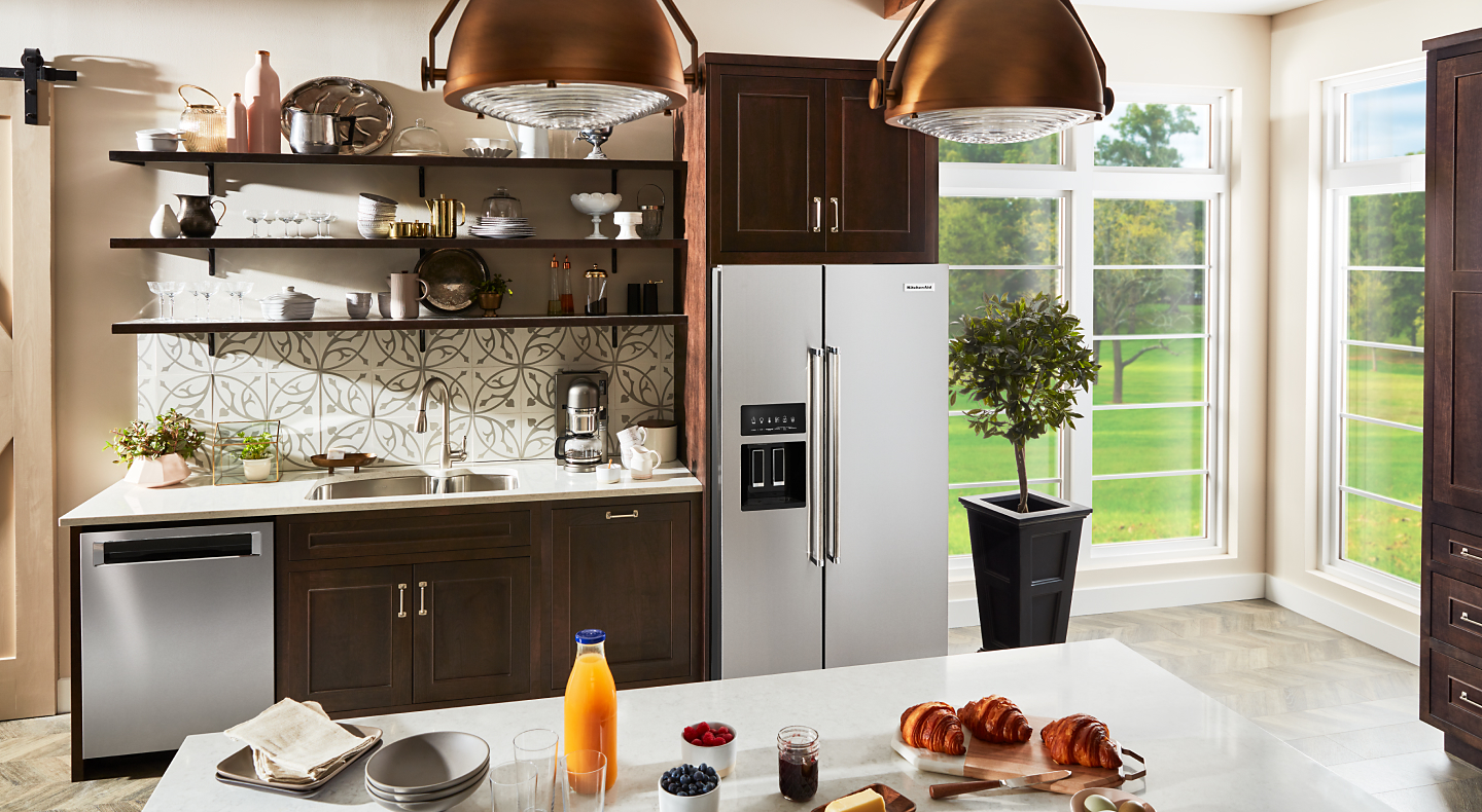 Stainless steel, KitchenAid® side-by-side refrigerator with in-door ice dispenser 