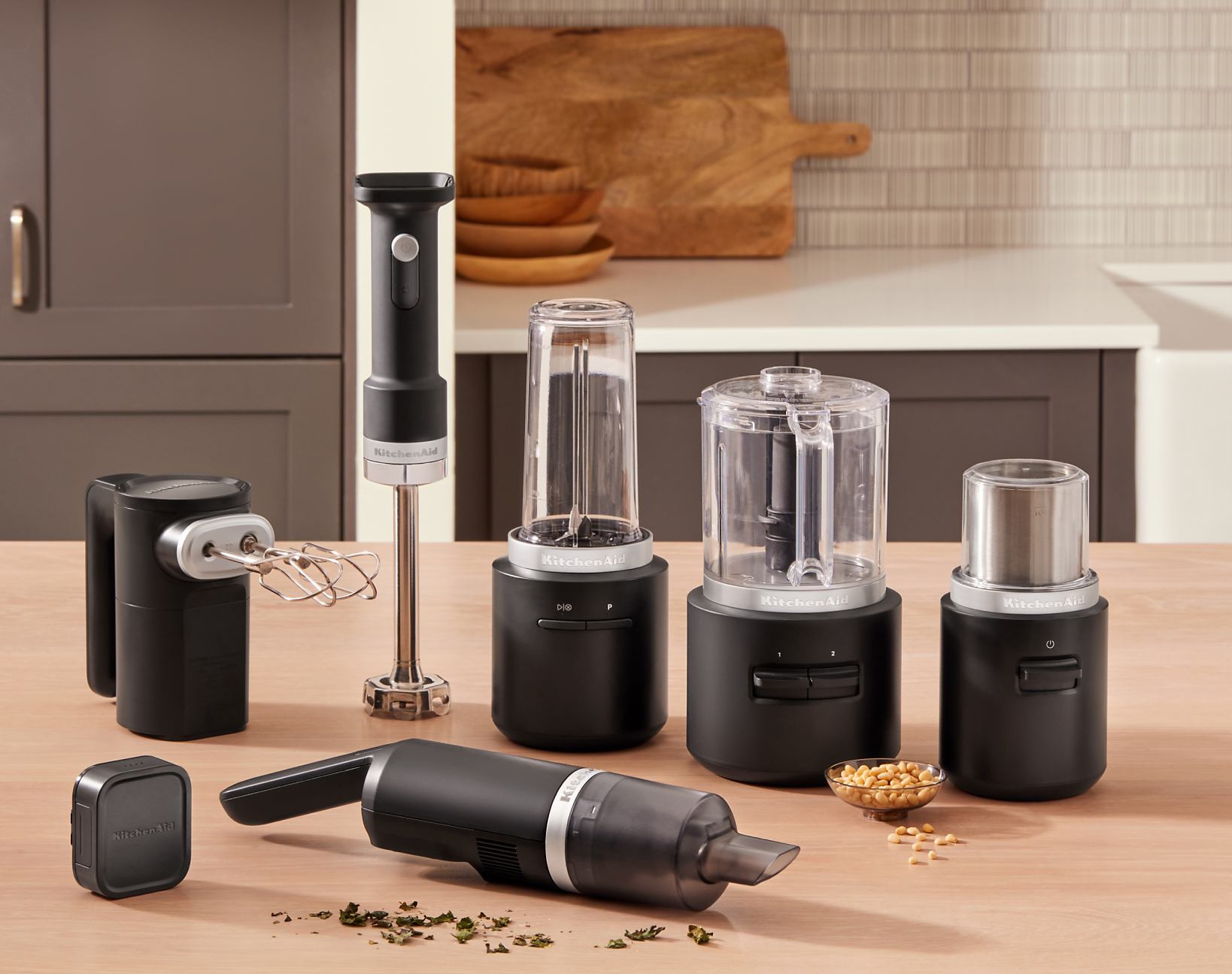 KitchenAid® cordless appliances on a kitchen countertop.