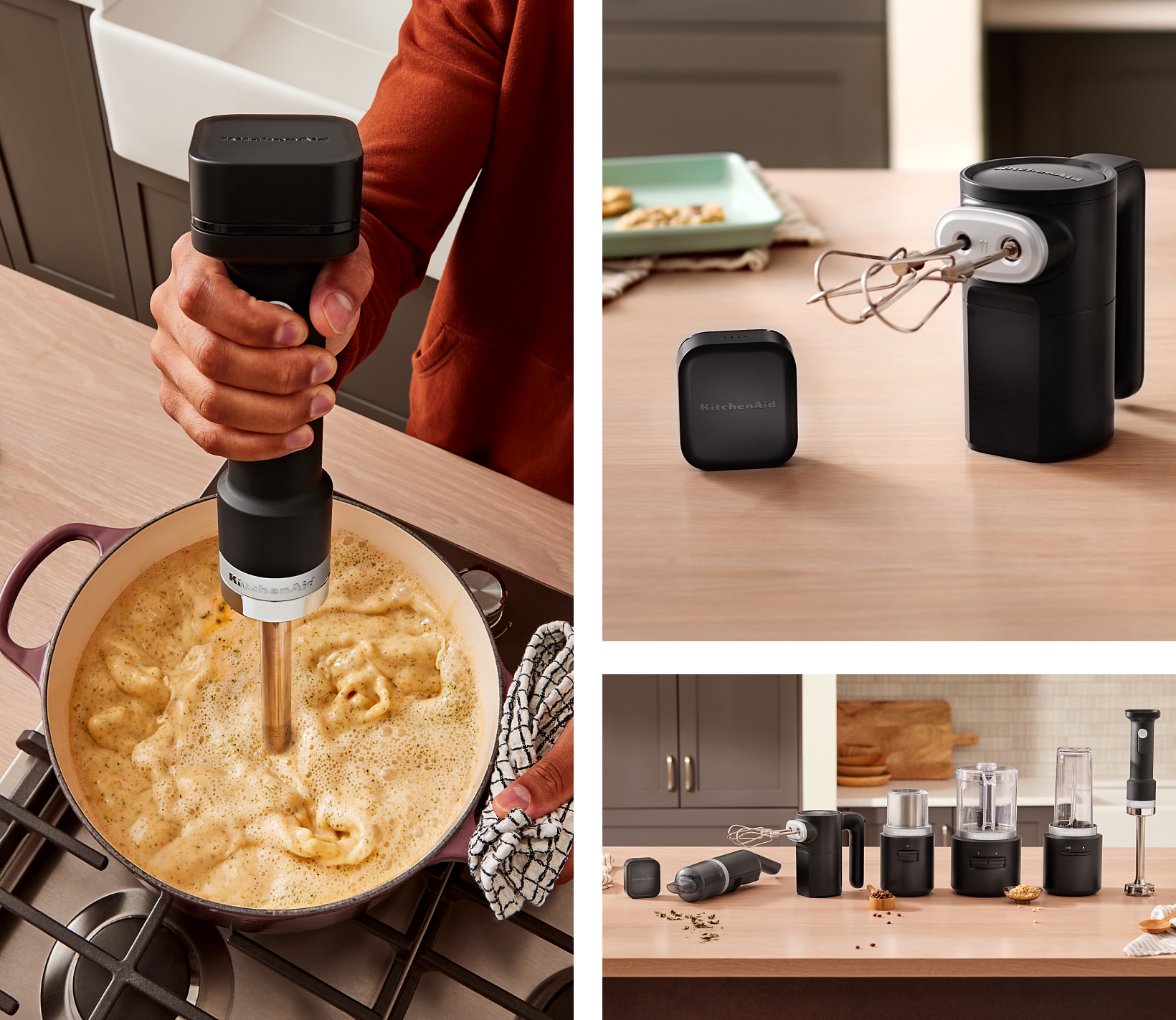 A collage of images including a person using the KitchenAid Go™ Cordless Hand Blender to blend soup; the KitchenAid Go™ Cordless Hand Mixer resting on a countertop next to the rechargeable battery; KitchenAid Go™ Cordless appliances lined up on a countertop.