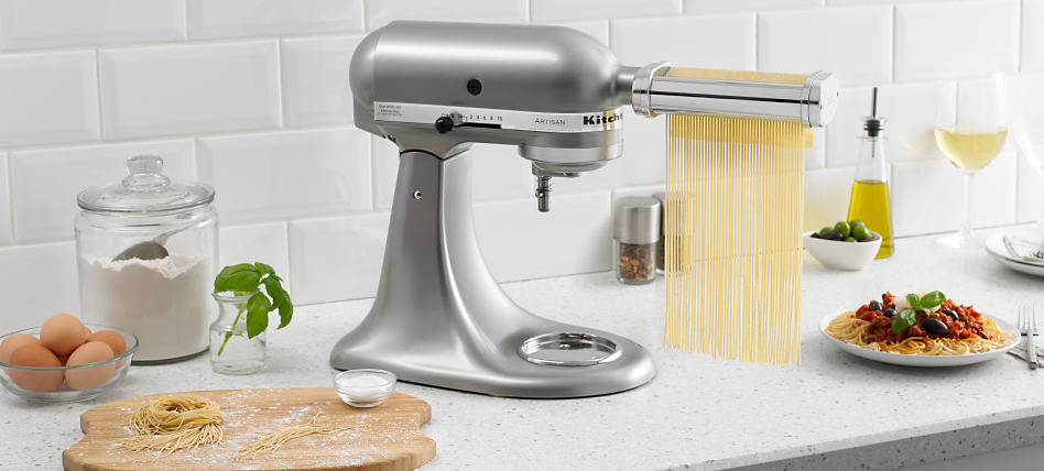 Stainless steel KitchenAid® stand mixer with Pasta Maker Attachment