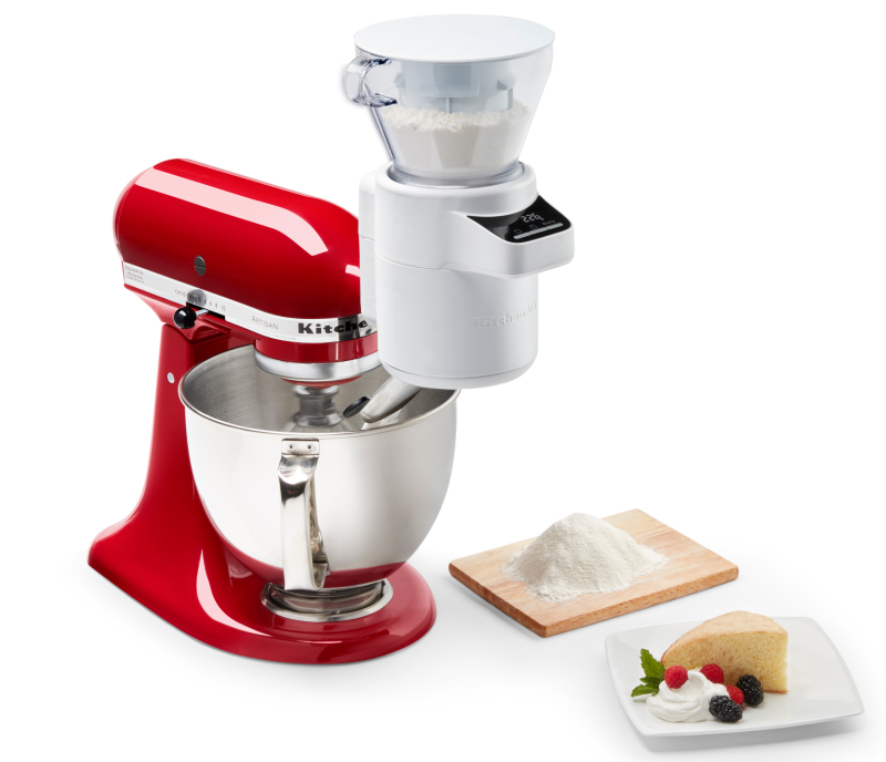 Red KitchenAid® stand mixer with the Sifter + Scale Attachment