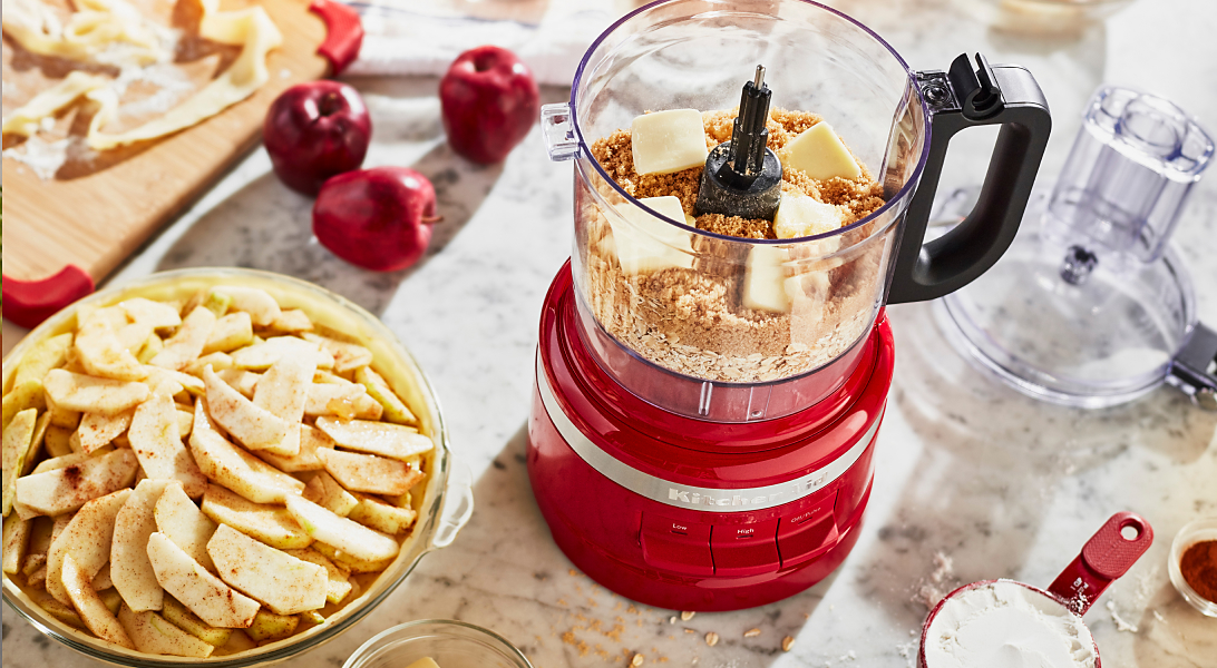 KitchenAid® food processor making butter crumb topping for pie