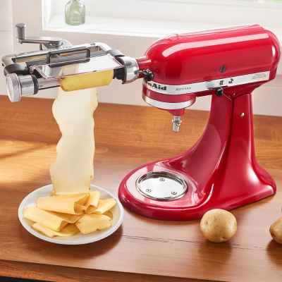 Red KitchenAid® stand mixer with Vegetable Sheet Cutter Attachment