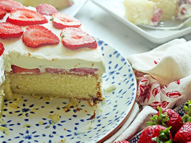 Strawberry cheesecake shortcake on festive plate