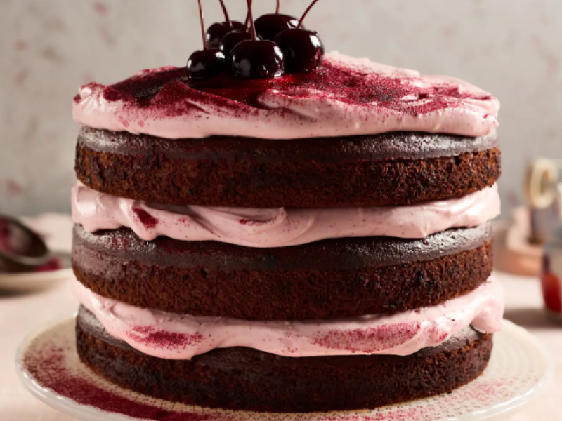 Three-layer chocolate beetroot cake with pink cream cheese frosting