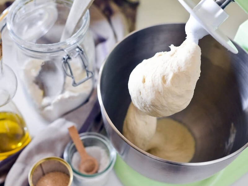 Stand mixer with dough on dough hook