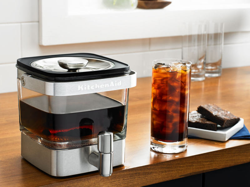 KitchenAid® cold brew coffee maker and glass of cold brew